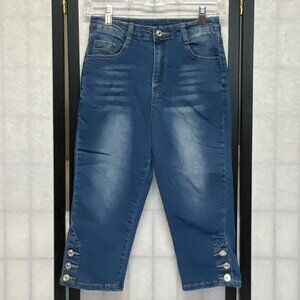 Mid Rise 3 Button Calf Faded Capri Denim Jeans Medium Wash S Unknown Brand